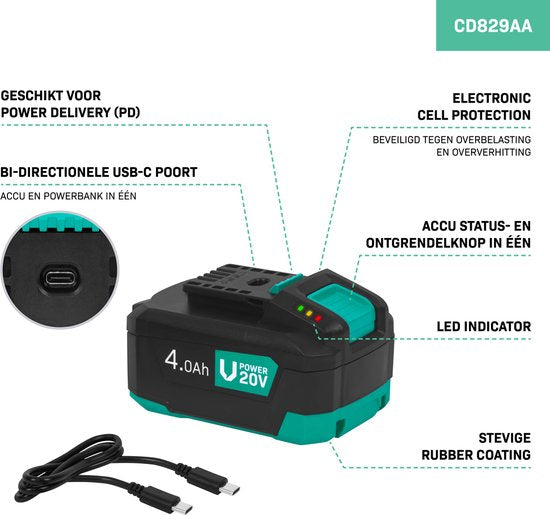 VONROC Battery 20V - 4.0Ah - port USB-C bidirectionnel - batterie et banque d'alimentation en un - compatible avec Power Delivery (PD) - protégée par la protection électronique des cellules.