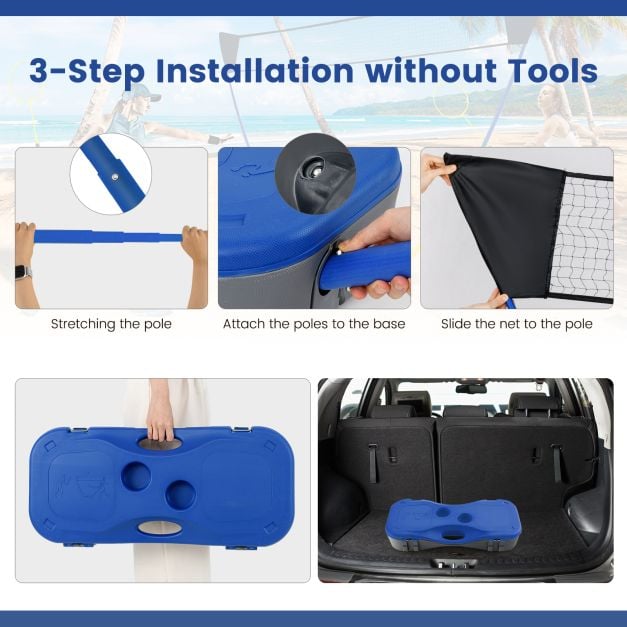 Coast Badminton set - Filet, 2 raquettes, 2 volants et boîte de rangement inclus - 270 x 33,5 x 160 cm - bleu