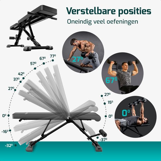 FITAGE Fitness Bench - Banc de musculation jusqu'à 300KG - Réglable - Pliable - Noir