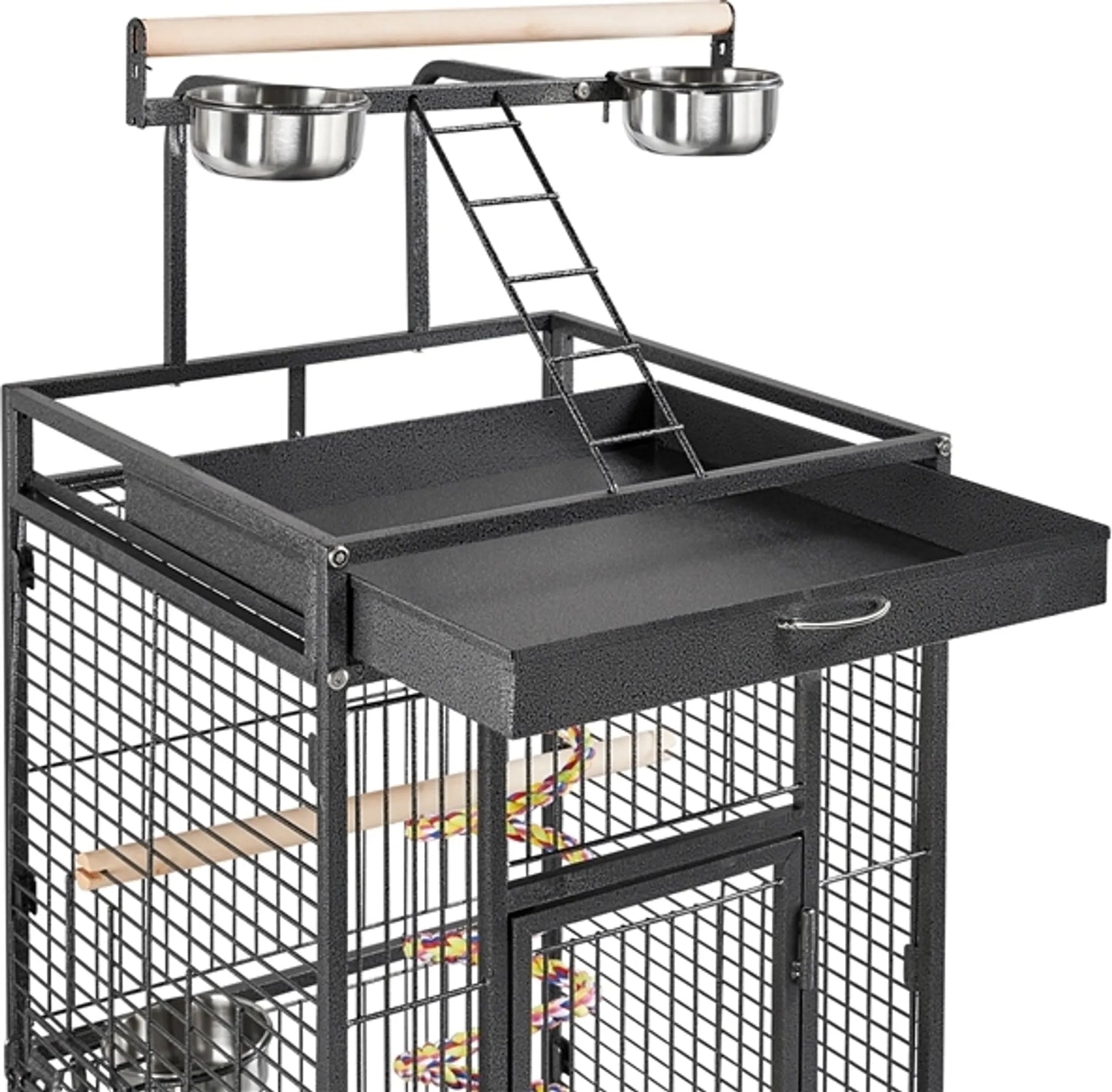 Yaheetech Cage pour perroquets avec plateau de jeu - équipée d'un collecteur de graines, de tiroirs à fumier extensibles et de portes d'alimentation - pour perruches et perroquets - Fer noir poudré - 65,5 x 65,5 x 156 cm