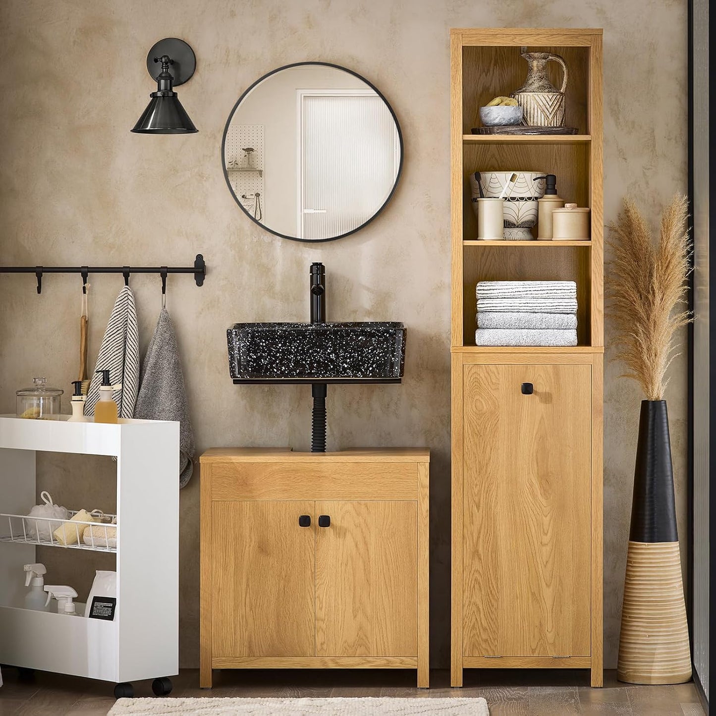 Armoire de salle de bain haute SoBuy avec panier à linge et 3 étagères - Fixation murale - Bois - 40 x 35 x 173 cm
