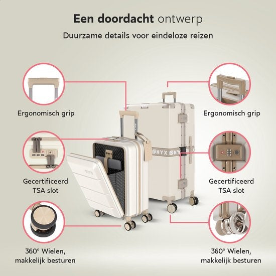 ONYX 2-piece Suitcase Set - Bagage à main avec poche frontale et Check-in case - 35L/100 L - TSA lock - Lightweight Trolley - Aluminium closure - Beige