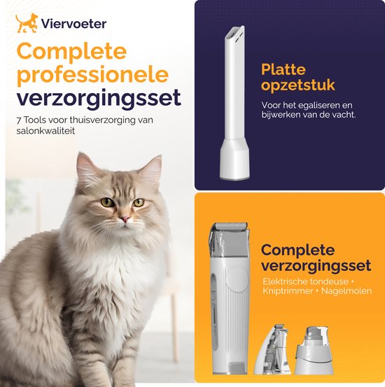Viervoeter® Tondeuse professionnelle pour chiens, 15 pièces, avec aspirateur - Pour poils épais - Aspiration et tonte - Kit de soins - Chats et chiens