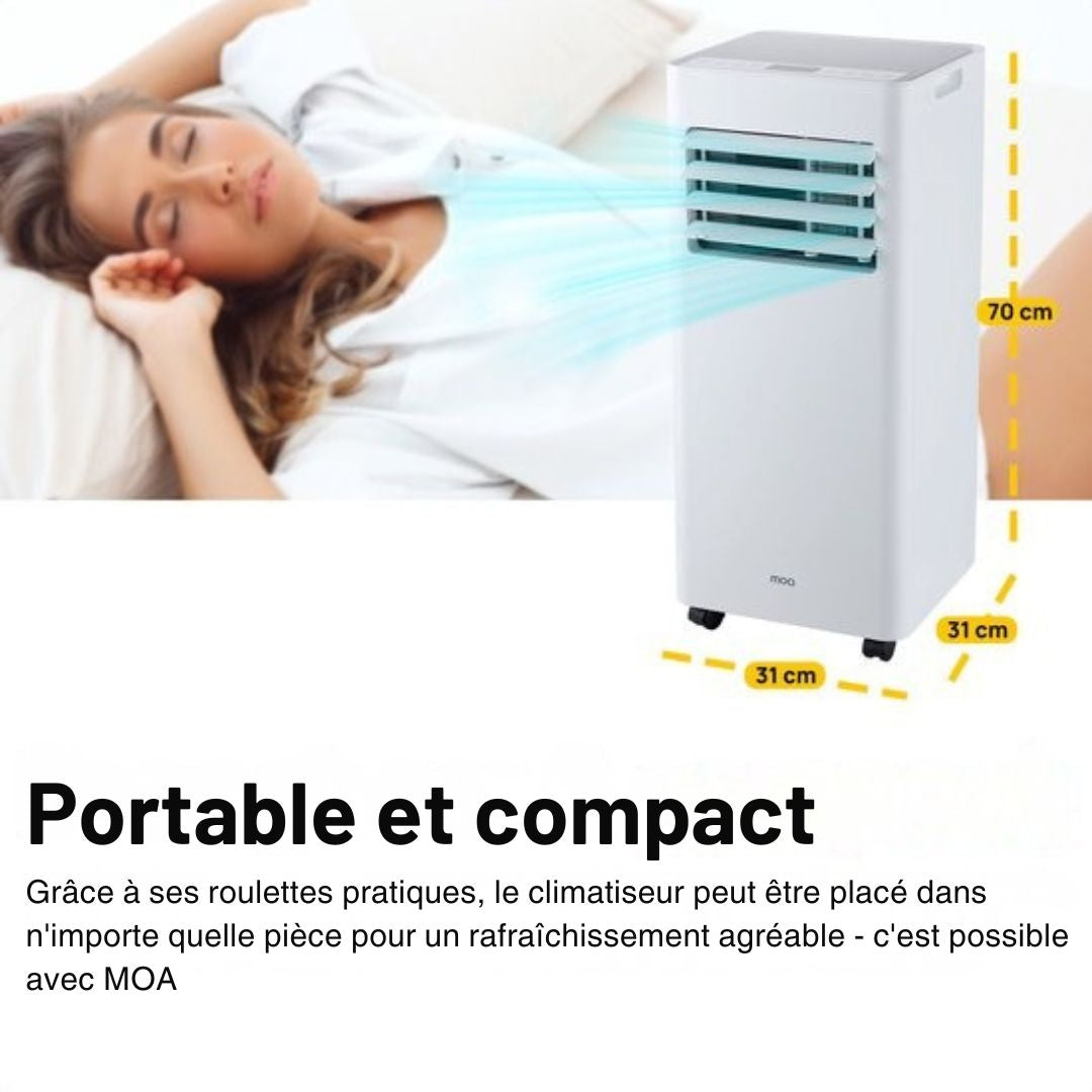 Climatiseur mobile MOA - 7 000 BTU - Avec télécommande - Jusqu'à 22m² - Pour le salon et la chambre - avec fonction de déshumidification - Scellant pour fenêtre - Blanc