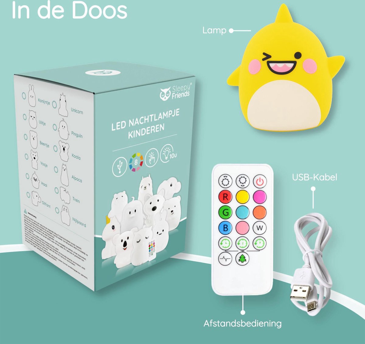 Veilleuse pour enfants Sleepy Friends Shark - 8 couleurs - Dimmable - Commande tactile et à distance - Rechargeable par USB - 95x97x100 mm - Silicone souple