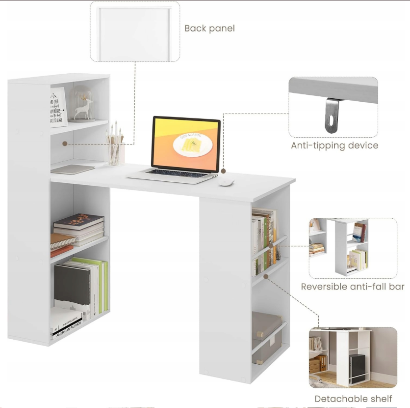 Bureau WOLTU 122 x 55 x 120 cm - Avec 6 étagères - MDF - Blanc