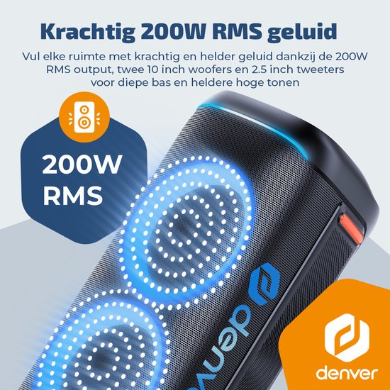 Enceinte Bluetooth Denver Party Box - Lumières disco - Partybox - Microphone inclus - Haut-parleur - BPS470