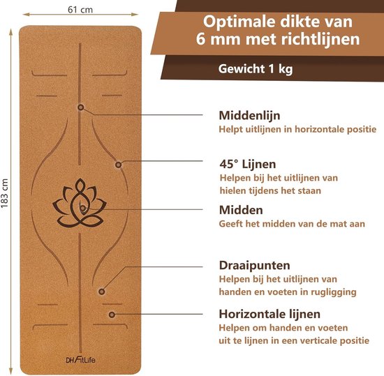 DH FitLife Tapis de yoga en liège et TPE, tapis 183 x 61 x 0,6 cm, tapis de fitness, antidérapant et écologique, tapis de sport naturellement autonettoyant, tapis de yoga avec lignes d'orientation (big lotos)