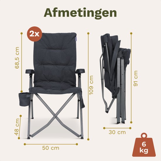TRVLMORE Chaises de camping de luxe - pliables - 2-Pack - Capacité de charge 150KG - Sac de transport inclus - Chaise pliante - Chaise de camping - Chaise pliante - Gris