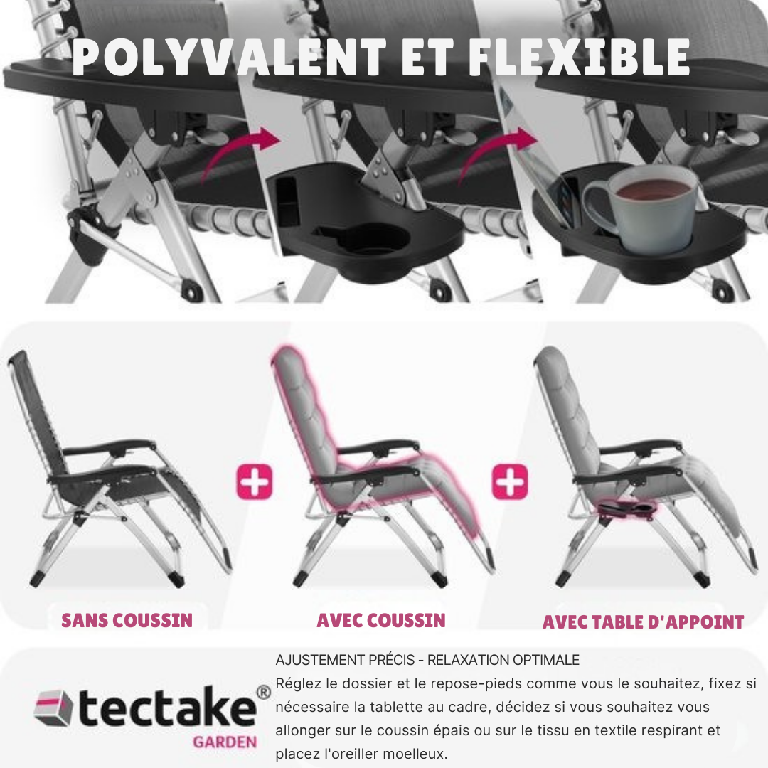 Chaise longue pliante Tectake - chargeable jusqu'à 200 kg - Gris