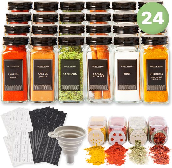 S.old - 24 pots à épices en verre carrés avec couvercle noir - Spice Spreader - Set complet avec couvercles à saupoudrer, autocollants préimprimés et entonnoir - Capacité 120 ml - 10,5 x 4,3 cm