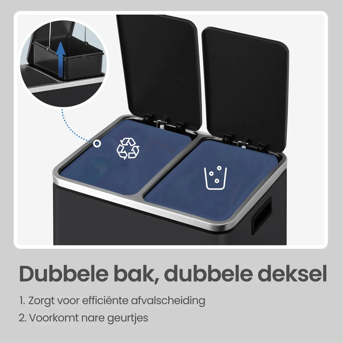 Poubelle à double pédale Joyfurnos - Noire - 2 x 15 litres - Couvercle à fermeture douce - Acier - 41,8 x 35,9 x 44,5 cm
