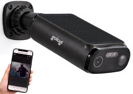 Caméra de sécurité d'extérieur Gologi Solar Premium - 10 400 mAh - 2,5K - Vision nocturne - Détection de mouvement - Caméra de surveillance - Panneau solaire - Sans fil - USB-C - Wi-Fi et application - Noir