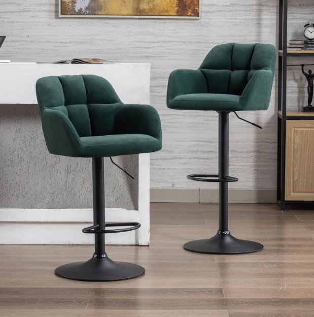 Lot de 2 tabourets de bar WAHSON en velours vert - Réglables en hauteur de 65 à 87 cm - Pivotants
