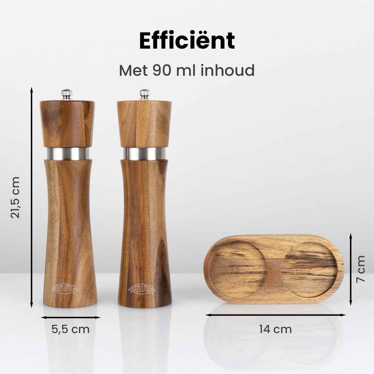 Nimma® Moulin à sel et à poivre - Cuillère incluse - Mouture réglable - Bois d'acacia