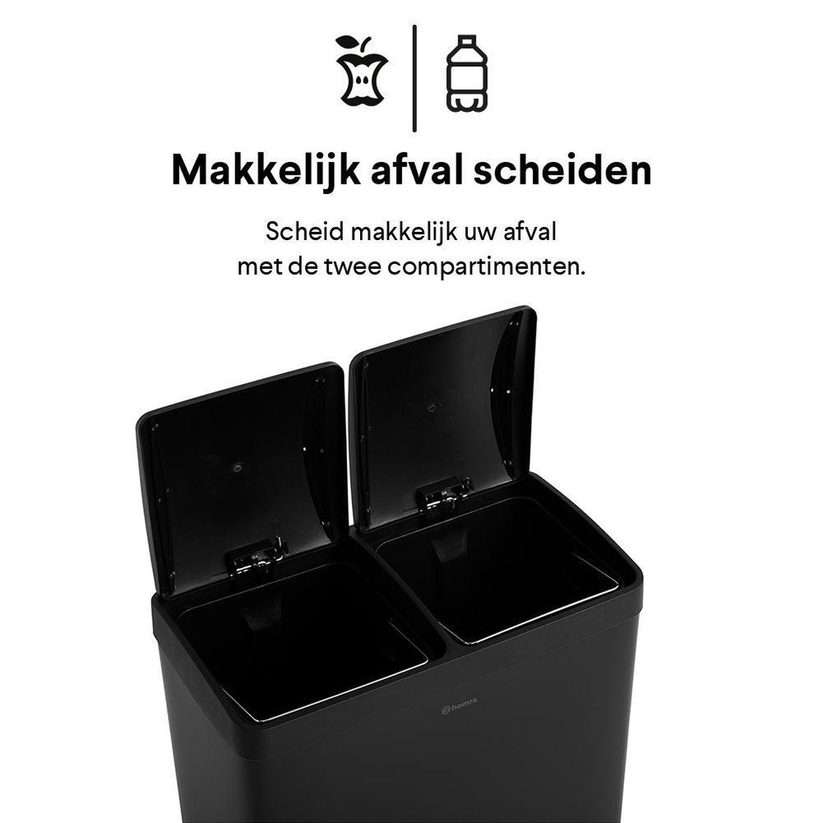 Poubelle de tri sélectif avec 2 compartiments - Homra NEVIQ - 2 x 30 L de capacité - Acier inoxydable de haute qualité - Poubelle noir