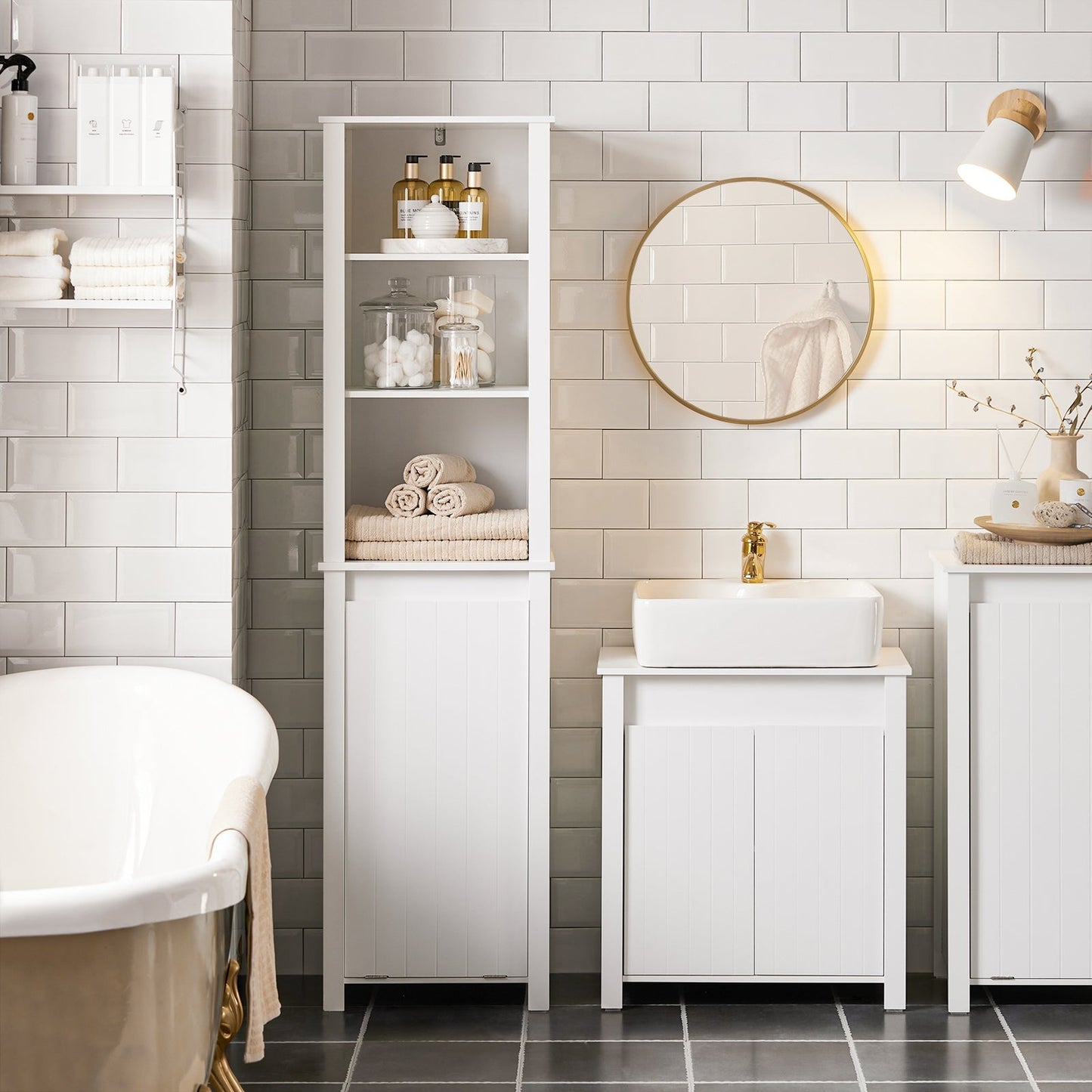 Meuble colonne de salle de bain, SoBuy, Meuble haut, 3 étagères, 1 panier à linge basculant, 45 x 35 x 171 cm, Blanc