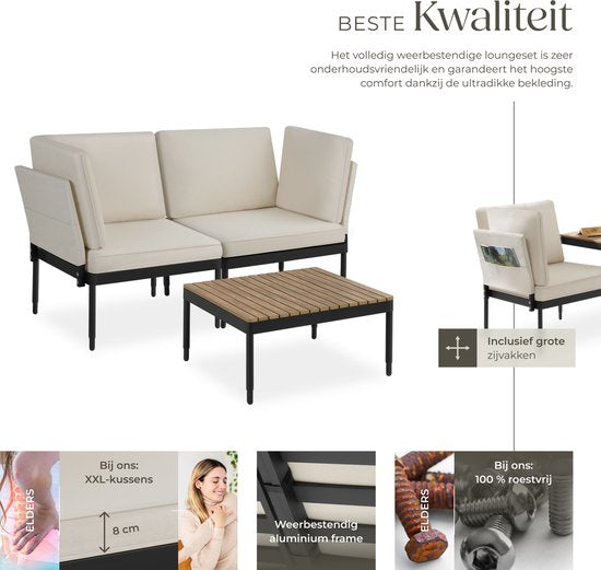 tectake® - Magaluf lounge set - Salon de jardin 5 en 1 avec structure en aluminium - 2 fauteuils de jardin et 1 table basse - Peut être utilisé comme chaise longue, banc d'angle ou banc de jardin 2 places - Coussins inclus - Set de balcon 2 personnes