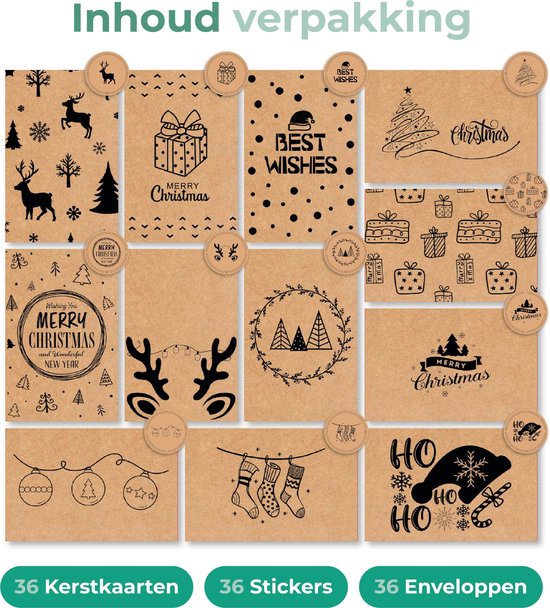 Giftmas Christmas Collection - Set de cartes de vœux et de cartes de Noël - 36 cartes de vœux avec 12 motifs - Enveloppes et autocollants inclus - Set de cartes en papier kraft pour les fêtes - 20x15cm