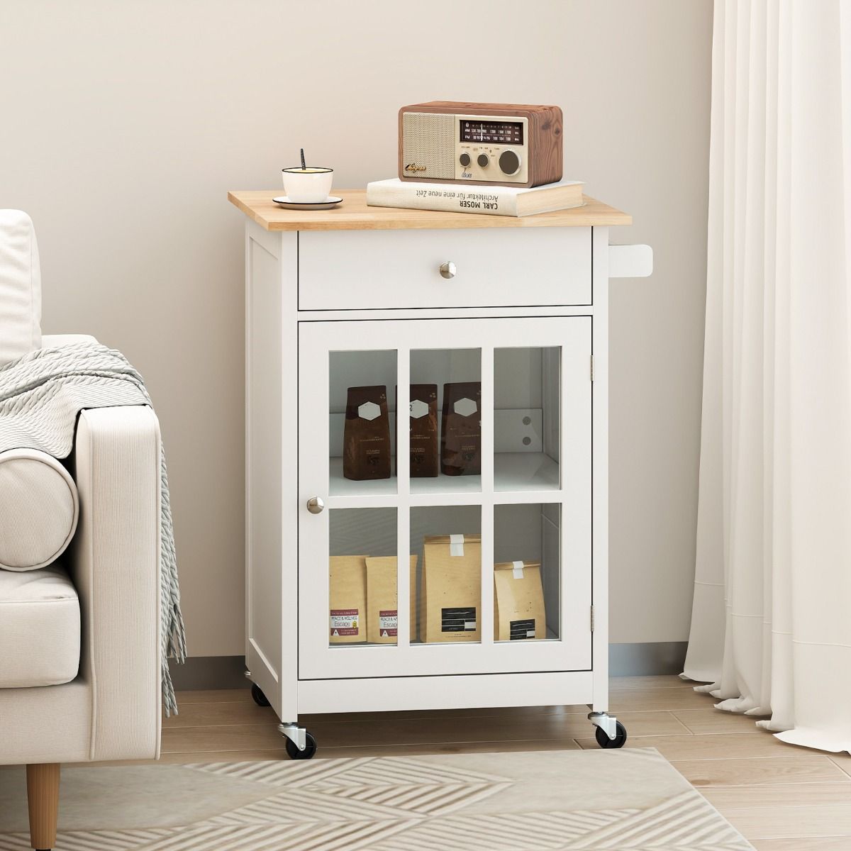 Chariot de cuisine Coast avec plateau en bois, porte vitrée et tiroir - 65 x 48,5 x 87,5 cm - Naturel/Blanc