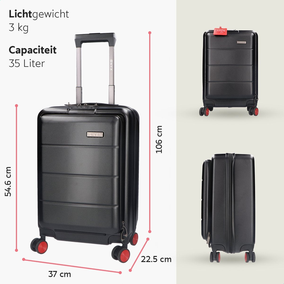 ONYX® - Bagage à main 35 L - Roues spinner - Trolley léger - Double serrure TSA - Poche avant pratique - 55 cm - Noir