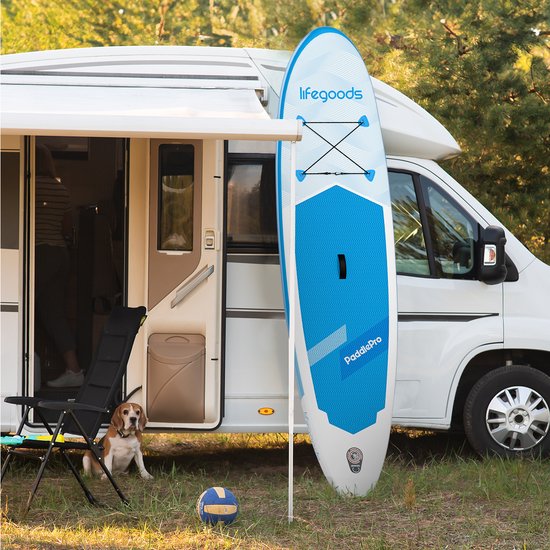 LifeGoods SUP Board All-round Compact - 100 KG Load Capacity - 300 x 76 cm - Inflatable - Complete SUP Package - White/Sky Blue