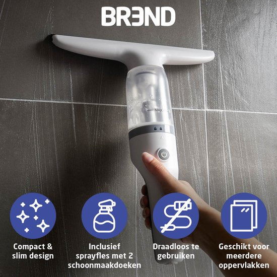 BREND BR-2218 Essuie-vitre électrique et flacon pulvérisateur - Lave-vitre avec système d'aspiration pour éviter les fuites - Avec chiffon de nettoyage supplémentaire - Câble de chargement USB-C - Blanc