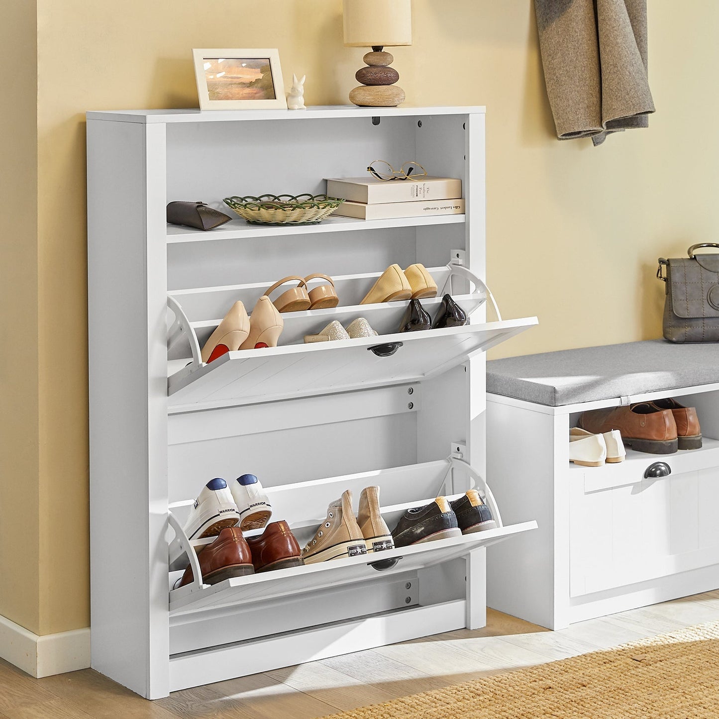 SoBuy Meuble à chaussures avec 2 abattants - Max. 50 kg - MDF - 80 x 24 x 110 cm - Blanc