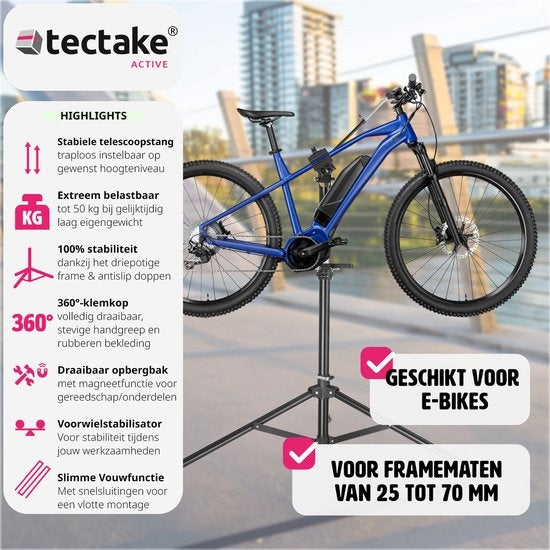 tectake® - Support de réparation de bicyclettes Tristan - Attaches rapides - Tête de serrage - Rotation 360° - Hauteur réglable - Max. 50kg. - Support de montage - Convient aux vélos électriques - 404920