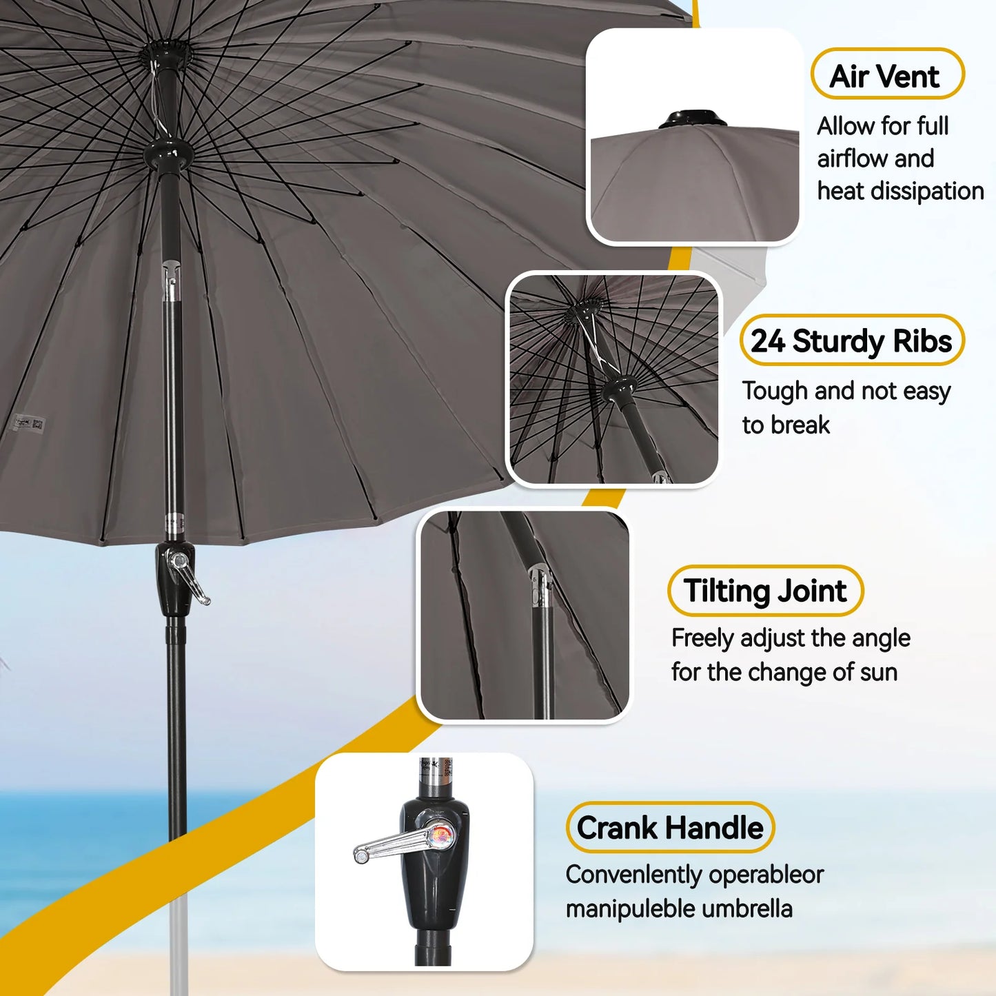 Angel Living – Parasol de jardin inclinable de 250 cm, beige – Mécanisme à manivelle, protection UV, armature en aluminium