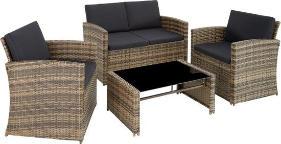tectake® - Salon en osier set de jardin set de salon Lucca - canapé/2 chaises/table avec plateau en verre - couleur naturelle - 404916 - poly-rattan