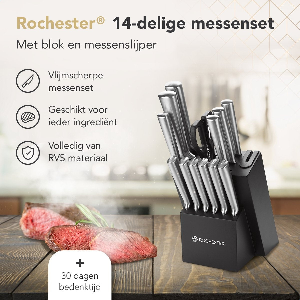 Ensemble de 14 couteaux avec bloc et aiguiseur de couteaux - Rochester - Acier inoxydable - Revêtement résistant aux rayures