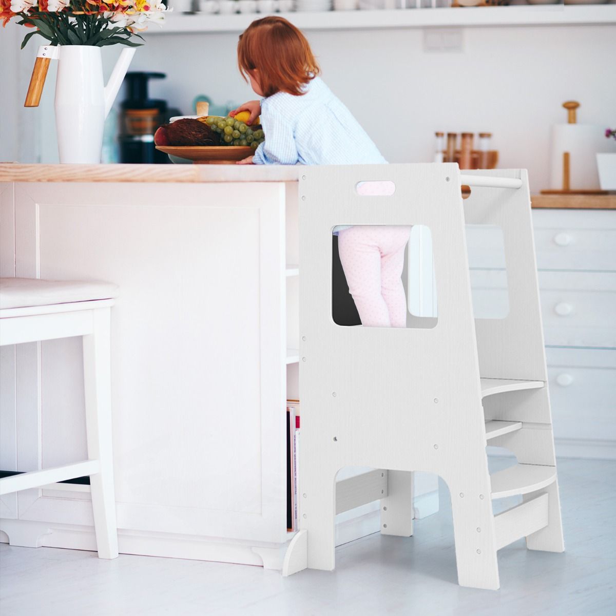 Coast Kitchen Steps for Toddlers - Tabouret en bois pour enfants avec tableau d'activités - Réglable 30/40 cm - Rail de sécurité - Blanc 60 x 49 x 91.5 cm
