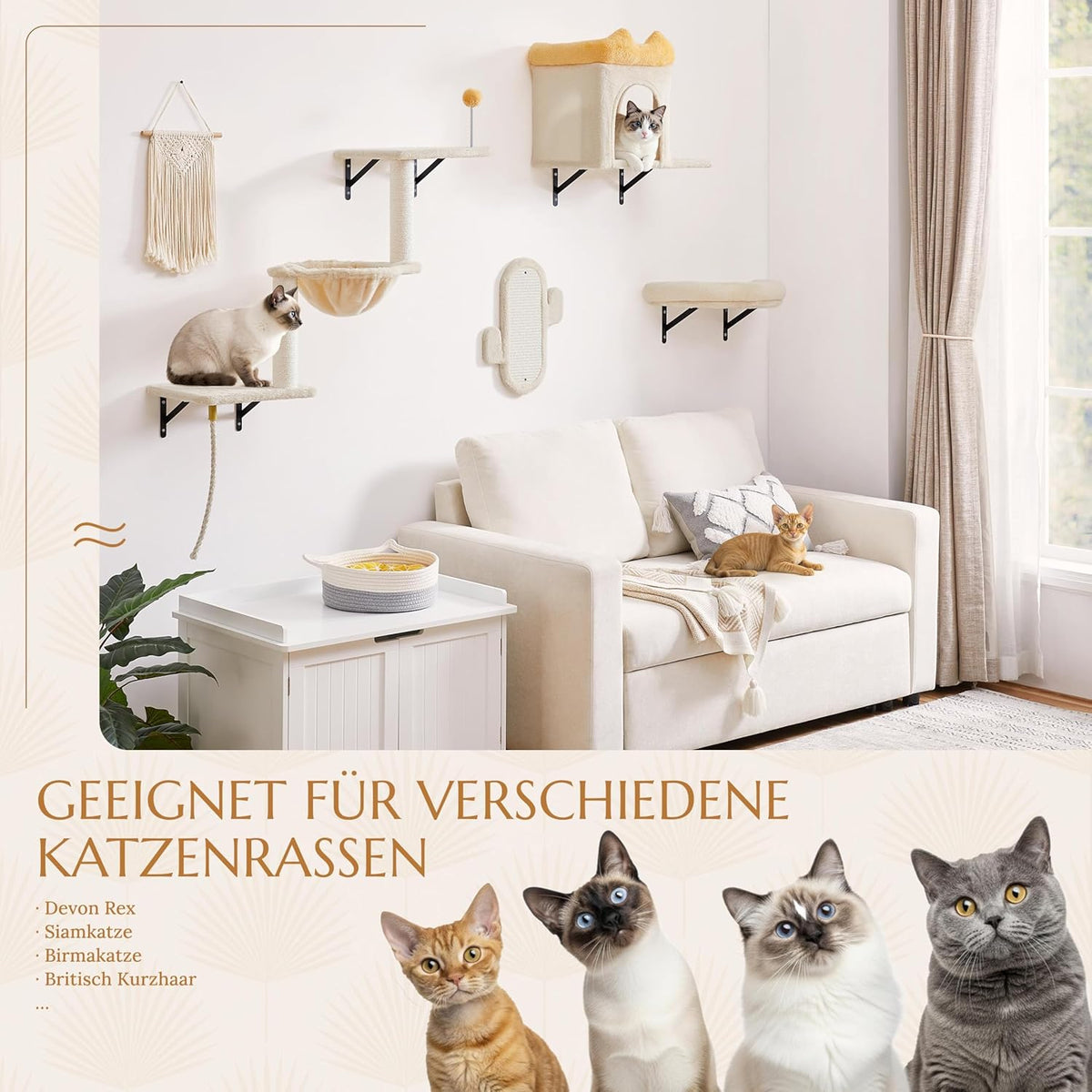 Yaheetech Mur d'escalade pour chats - 4 pièces - avec grattoir et panier - Beige