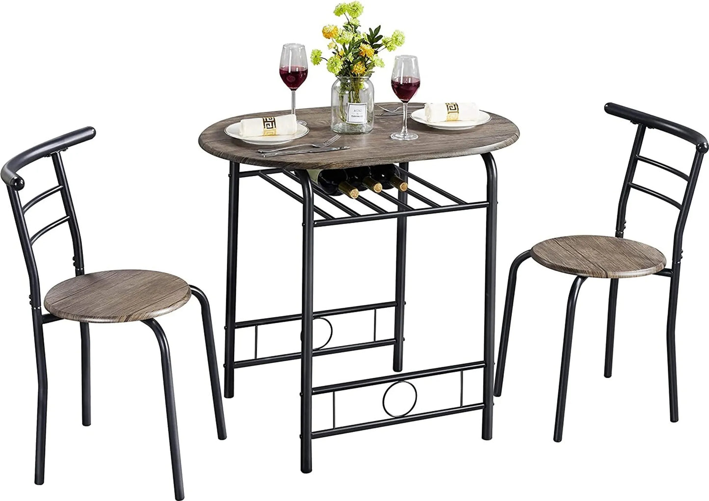 Yaheetech Dining Set Of 3 - Comprend une table avec 2 chaises, une étagère de rangement réglable et un revêtement hydrofuge - Pour la cuisine et la salle à manger - Driftwood Brown Metal and MDF - 80 x 53 x 73.5 cm