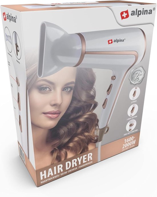 alpina Föhn 1600-2000 W - Sèche-cheveux avec 3 réglages de chaleur - Sèche-cheveux avec fonction « Cool Shot » - Sèche-cheveux avec embout supplémentaire et anneau de suspension - Blanc/Rosé