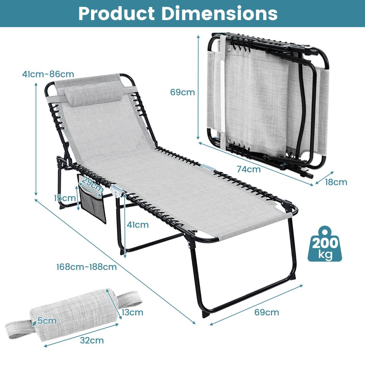 Chaise longue pliable extra-large - Noir/Gris - 200 kg - Dossier et repose-pieds réglables - Avec poche latérale