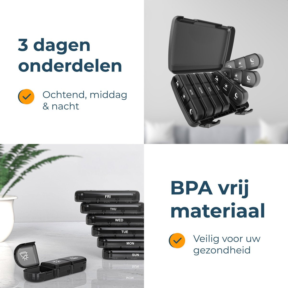 Alyze Medicine Box 7 Days Black 15.6 x 12 x 4.2 cm - Boîte à pilules sans BPA avec 3 compartiments par jour - Boîte à médicaments compacte et durable