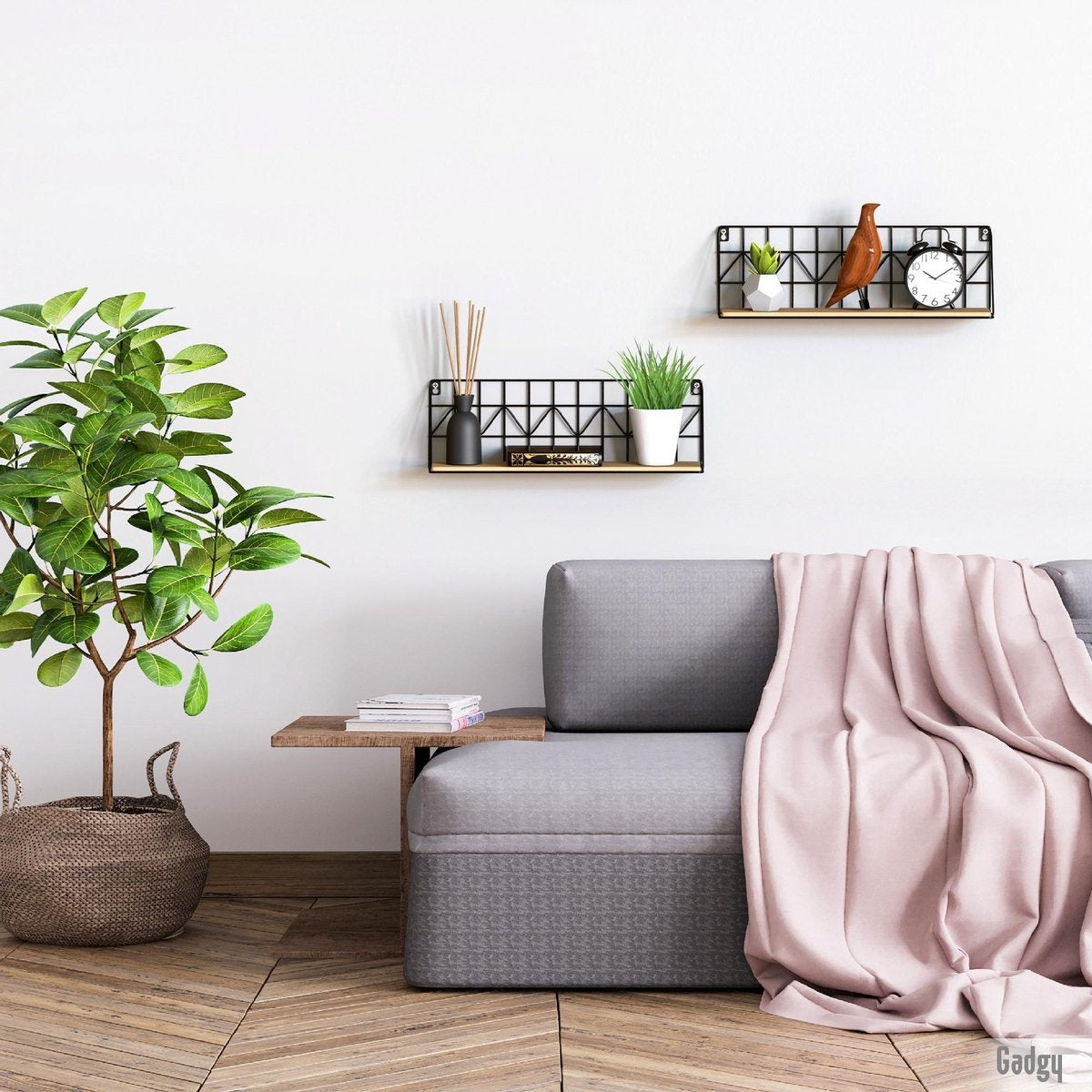 Gadgy Wandrekken Industrieel - Set van 2 - Wandrek Zwart met Hout - Wanddecoratie Woonkamer - Muurdecoratie Metaal - Wandplank zwevend voor Slaapkamer - Boekenrek – 45 cm