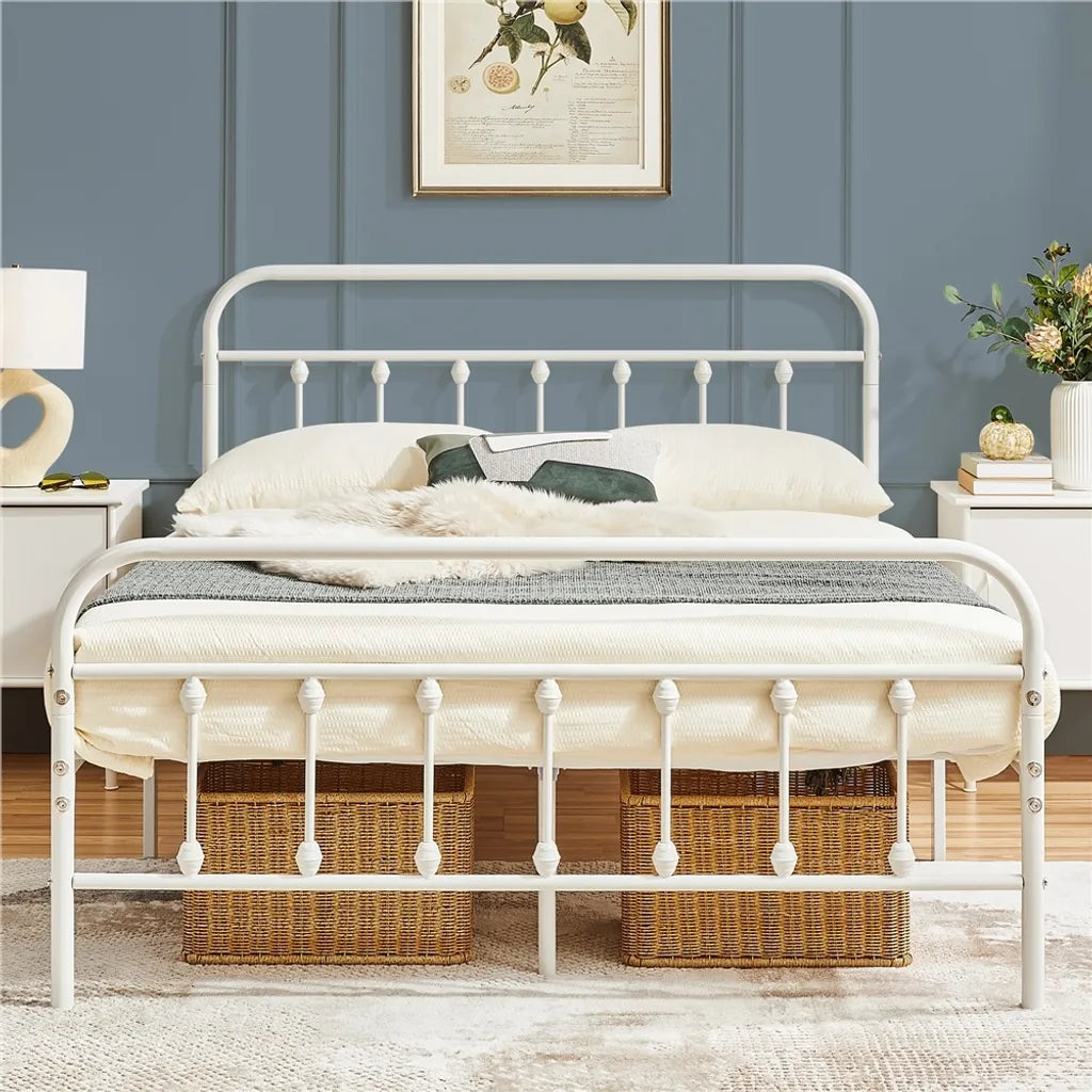 Cadre de lit en métal Yaheetech 140 x 200 cm - Blanc - Lit double avec sommier à lattes et tête de lit haute
