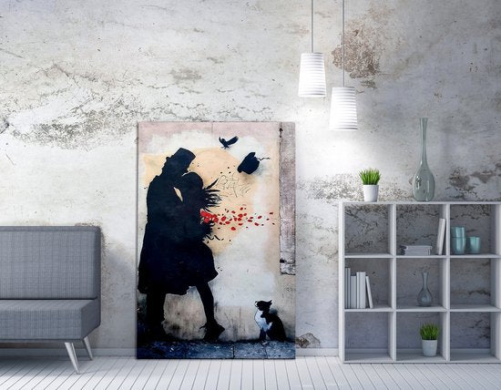 Décoration d'intérieur - "The Kiss - Banksy" Peinture sur toile coton polyester 70x100x3 cm - Cadre décoratif inclus - Accessoire de maison multicolore