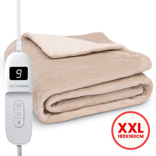 Seranova Couverture électrique XXL - 180x160 cm - Couverture électrique 2 personnes - Couverture chauffante - Sherpa polaire double face - Crème beige