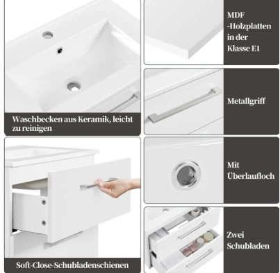 Meuble de salle de bains Yaheetech avec lavabo - Blanc brillant - 61 x 39,5 x 45,5 cm - Fixation murale, 4 tiroirs, lavabo en céramique