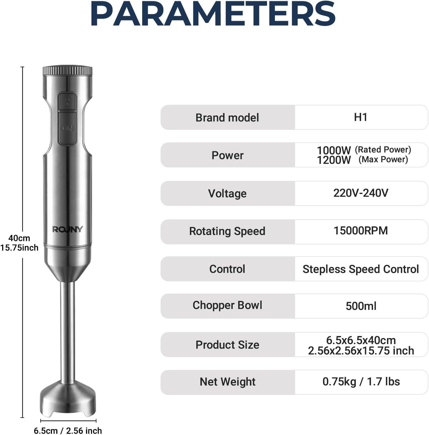 Mixeur plongeant Rouny 4-en-1 PHB8001 - 1 200 W - Avec verre doseur de 700 ml, fouet et hachoir de 500 ml - Acier inoxydable - Verrou de sécurité
