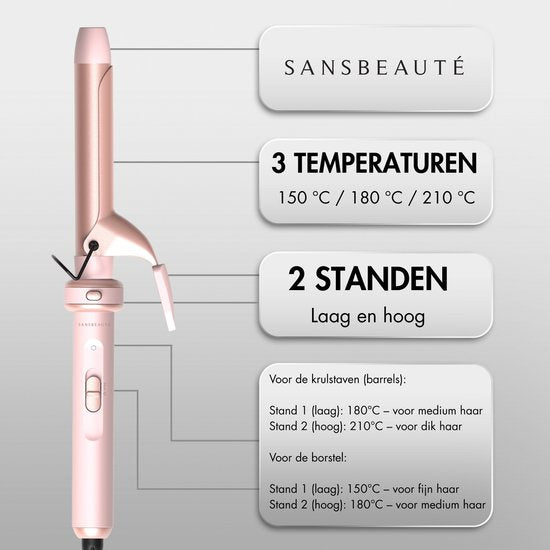 Sansbeauté® 6 en 1 Fer à boucler avec pince - Fer à boucler en céramique - 13mm à 38mm - Brosse pour sèche-cheveux cheveux courts - Brosse chauffante - Boucleurs - Brosse thermique - Styler les cheveux - Brosse à boucler 5 en 1