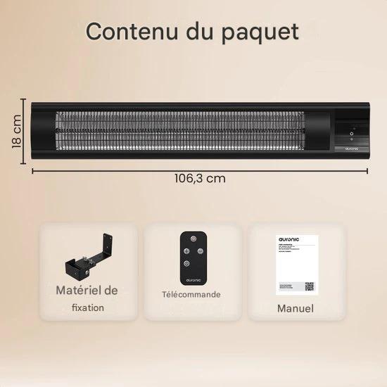 Auronic Chauffage de terrasse - XL - Chauffage infrarouge - Électrique - 25m2 - 3000W - Télécommande - 9 niveaux - Noir