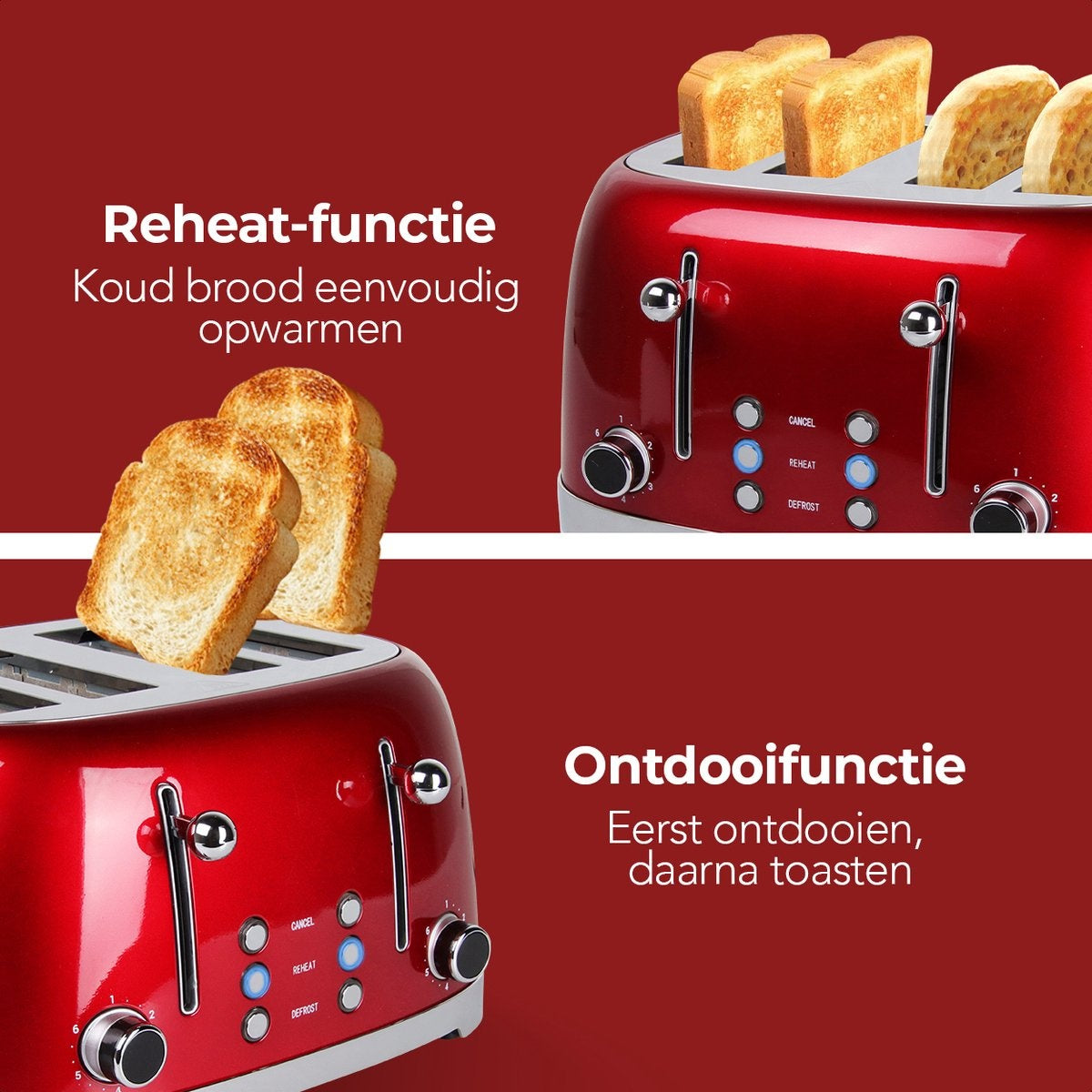 KitchenBrothers Grille-pain rétro - 6 niveaux de chaleur - 4 fentes extra-larges - 1630W - Fonctions de réchauffage et de décongélation - Rouge