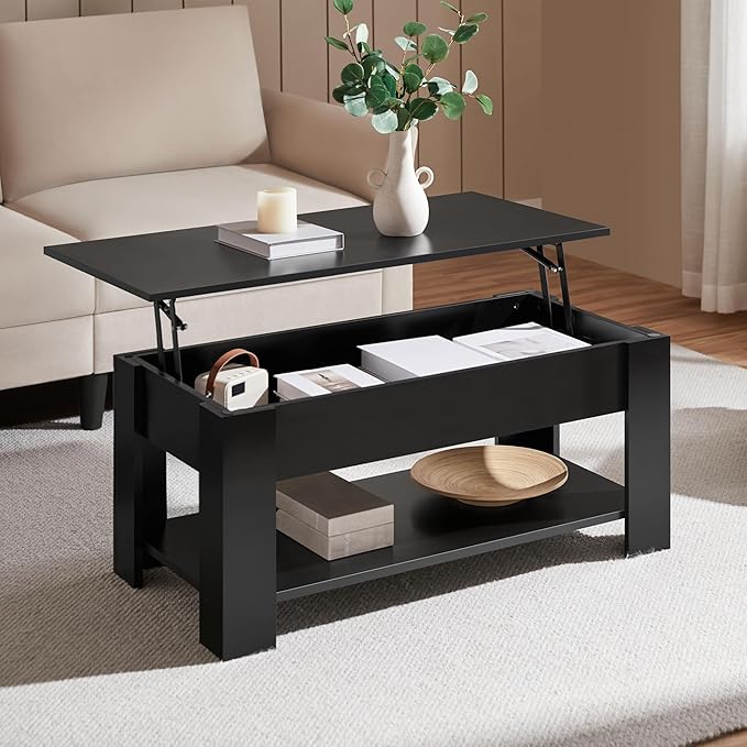 Table basse Yaheetech avec plateau relevable – Noire – Réglable en hauteur avec espace de rangement dissimulé