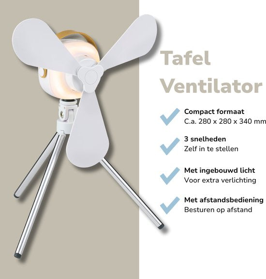 Ventilateur de table Lifetime Air - Ventilateur rechargeable via USB-C - Ventilateur sur pied avec veilleuse et télécommande - Ventilateur avec télécommande et 3 vitesses - Blanc