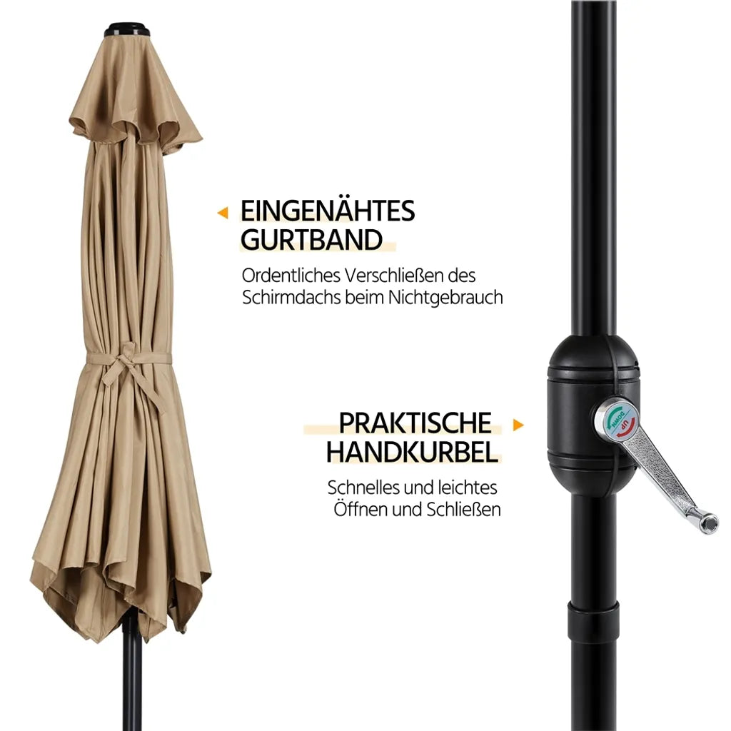 Parasol de jardin Yaheetech avec fonction d'inclinaison et contrepoids - Marron clair - Ø 269 x 241 cm